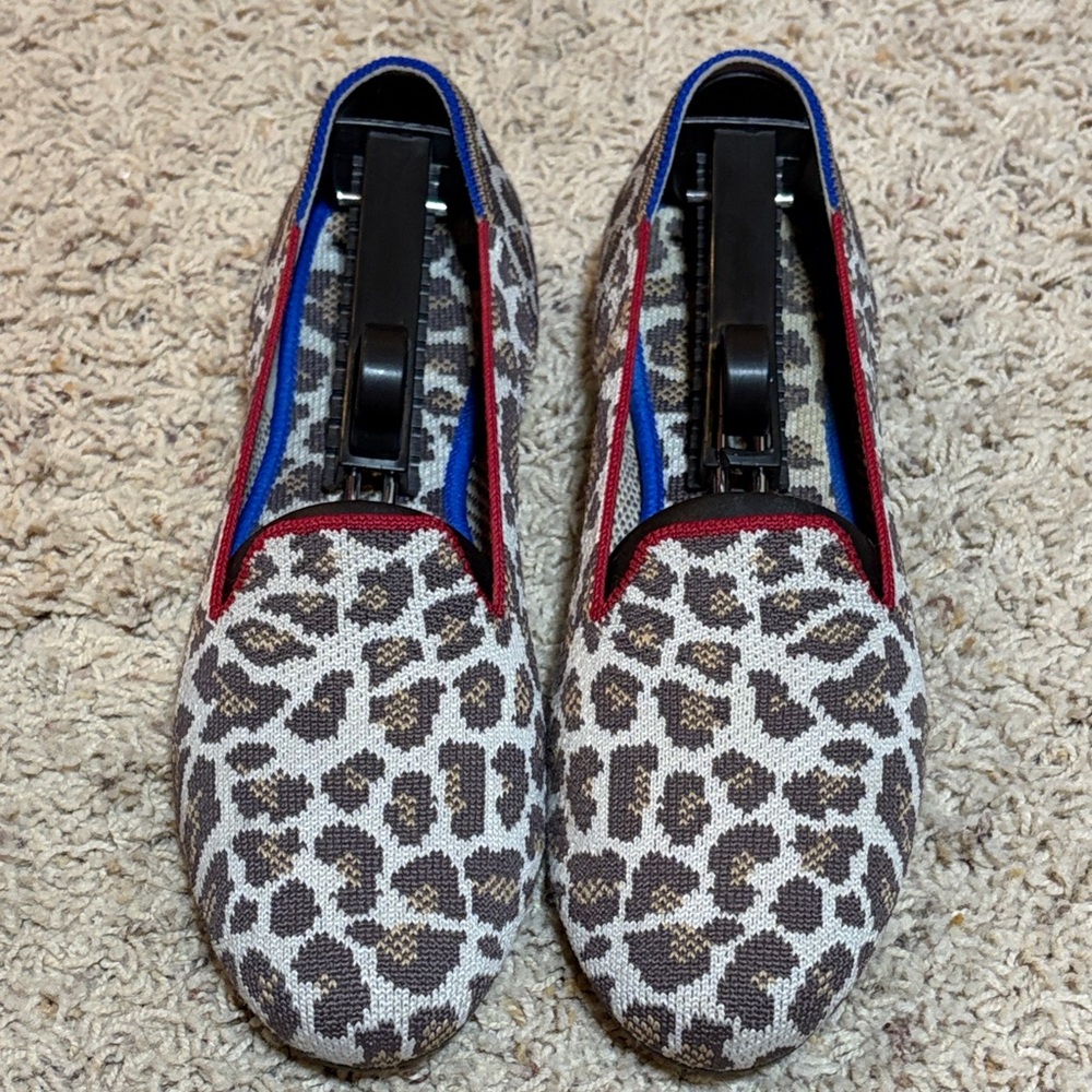 Rothy’s Leopard Print Loafers with Red and Blue Accents size 8